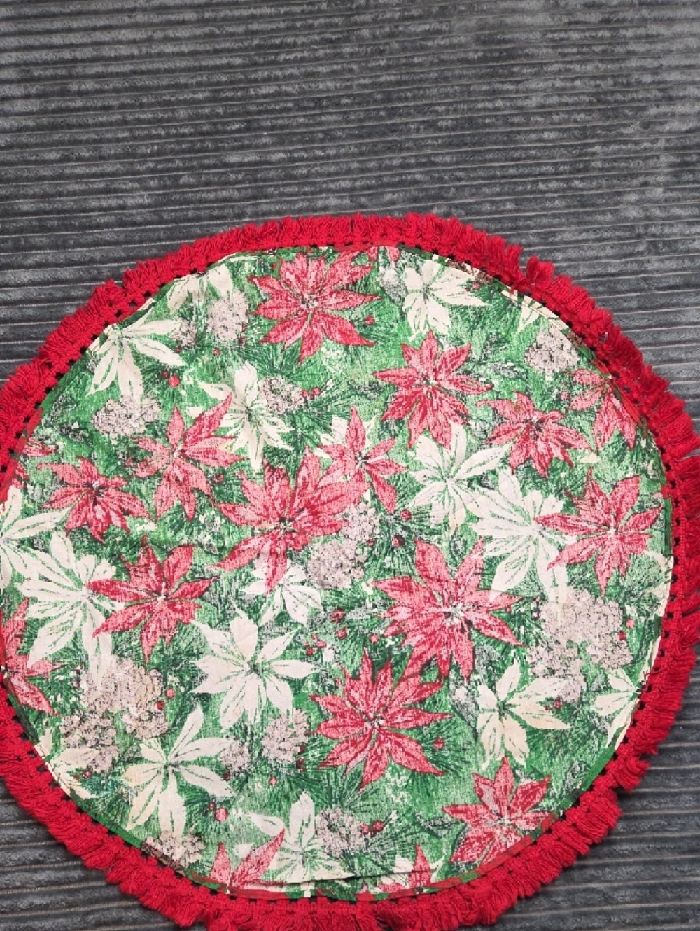 Festive Poinsettia Round Holiday Table Topper - Red & Green - Picture 7 of 7
